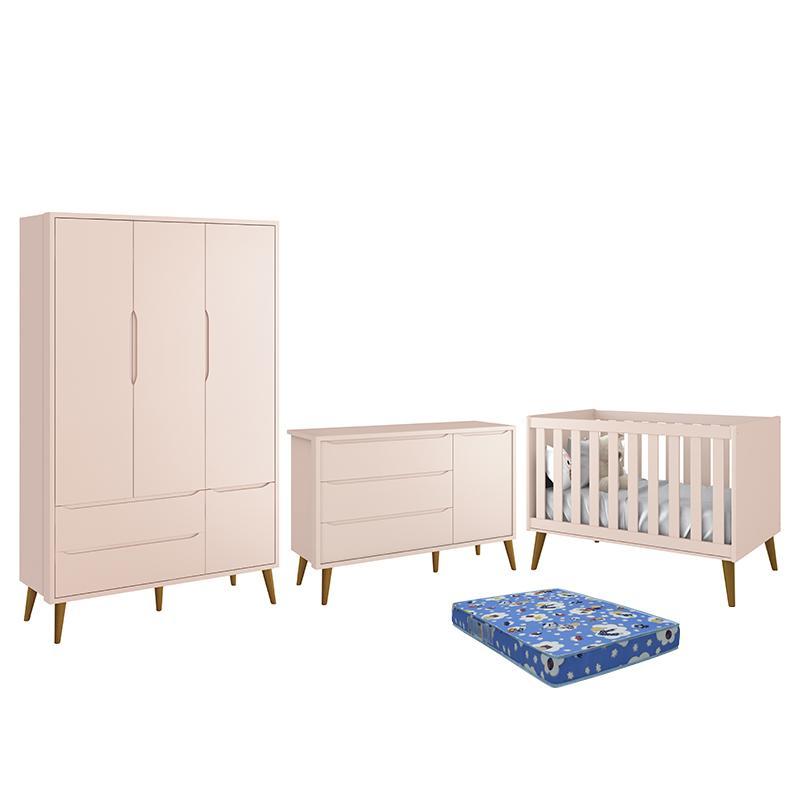 Dormitório Infantil Theo Retrô 3 Portas, Cômoda 1 Porta, Berço Rosa Fosco com Pés Amadeirado e Colchão - Reller Móveis