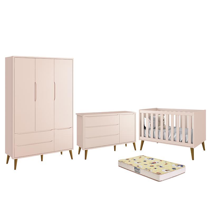 Dormitório Infantil Theo Retrô 3 Portas, Cômoda 1 Porta, Berço Rosa Fosco com Pés Amadeirado e Colchão D18 - Reller Móveis