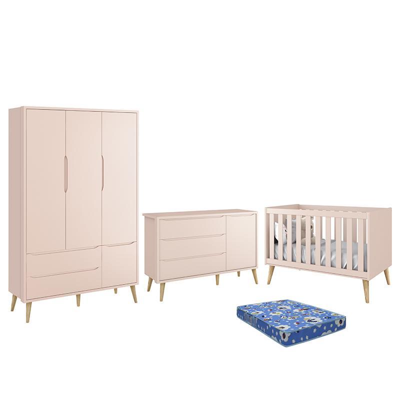 Dormitório Infantil Theo Retrô 3 Portas, Cômoda 1 Porta, Berço Rosa Fosco com Pés Madeira Natural e Colchão - Reller Móveis