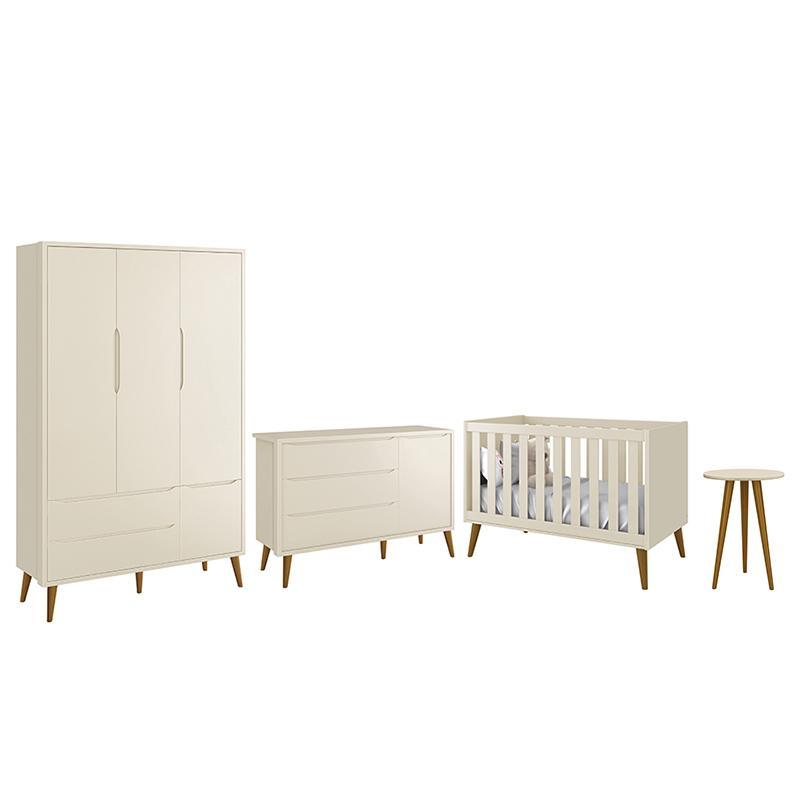 Dormitório Infantil Theo Retrô 3 Portas, Cômoda 1 Porta, Berço e Mesa de Apoio Areia Fosco com Pés Amadeirado - Reller Móveis