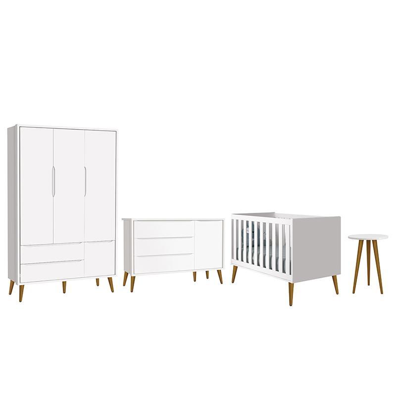 Dormitório Infantil Theo Retrô 3 Portas, Cômoda 1 Porta, Berço e Mesa de Apoio Branco Fosco com Pés Amadeirado - Reller Móveis