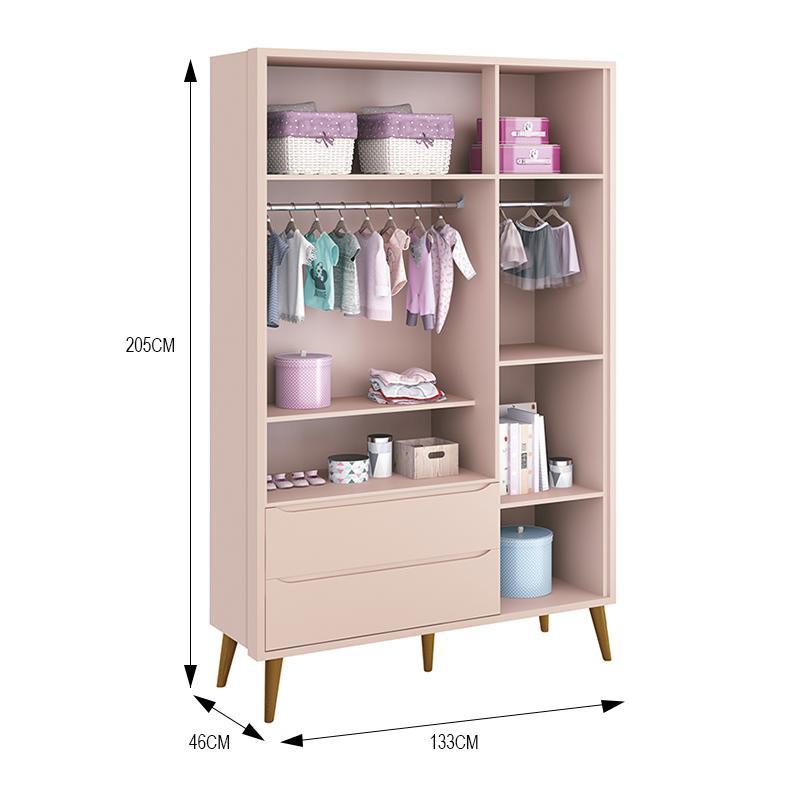 Dormitório Infantil Theo Retrô 3 Portas, Cômoda 1 Porta, Berço e Mesa de Apoio Rosa Fosco com Pés Amadeirado - Reller Móveis