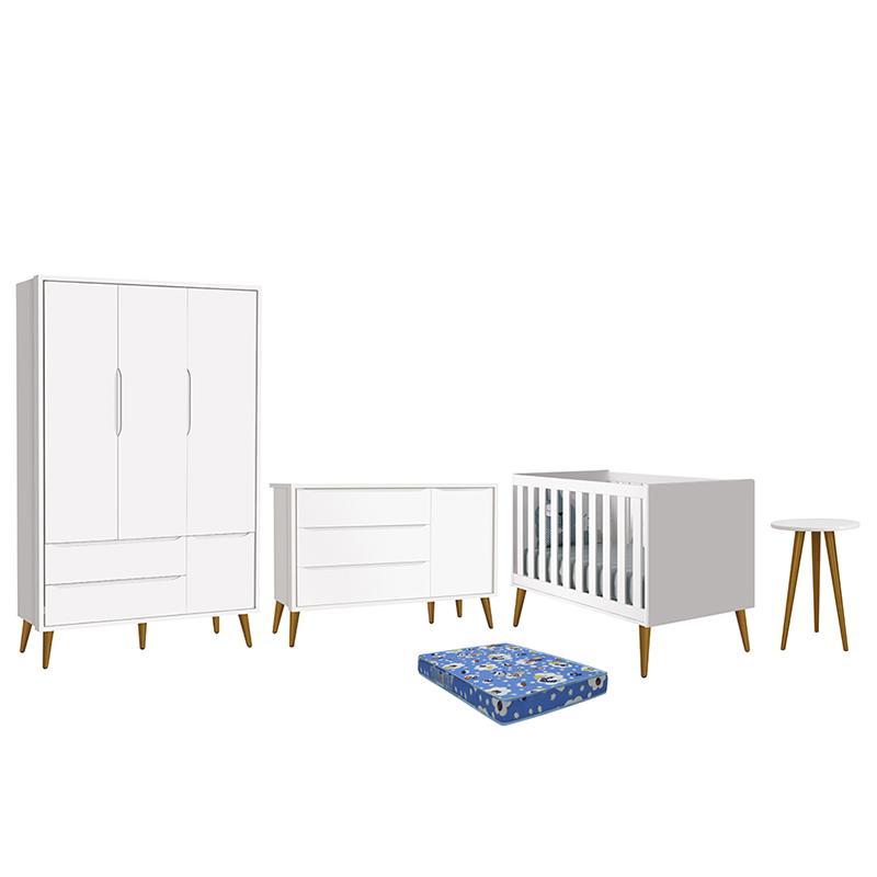 Dormitório Infantil Theo Retrô 3 Portas, Cômoda 1 Porta, Berço, Mesa de Apoio Branco Fosco com Pés Amadeirado e Colchão - Reller Móveis