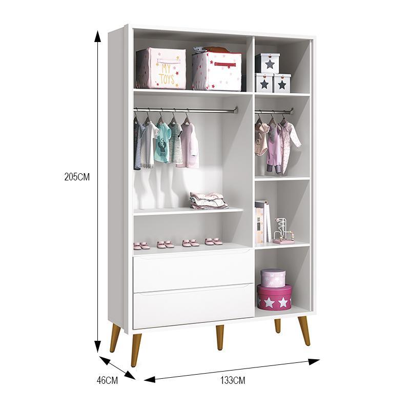 Dormitório Infantil Theo Retrô 3 Portas, Cômoda 1 Porta, Berço, Mesa de Apoio Branco Fosco com Pés Amadeirado e Colchão - Reller Móveis