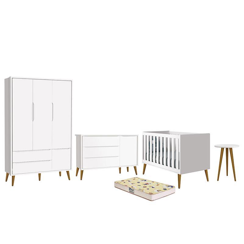 Dormitório Infantil Theo Retrô 3 Portas, Cômoda 1 Porta, Berço, Mesa de Apoio Branco Fosco com Pés Amadeirado e Colchão D18 - Reller Móveis