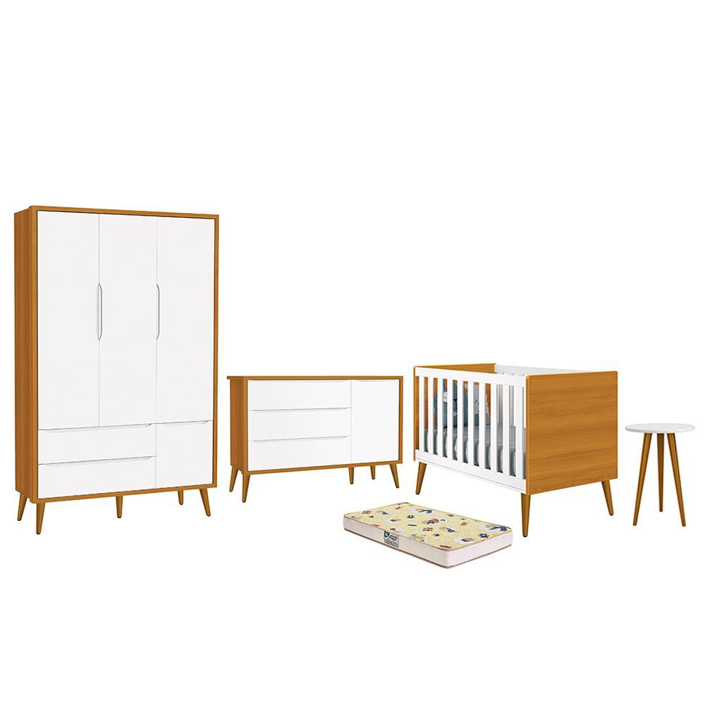 Dormitório Infantil Theo Retrô 3 Portas, Cômoda 1 Porta, Berço, Mesa de Apoio Branco/Savana com Pés Amadeirado e Colchão D18 - Reller Móveis