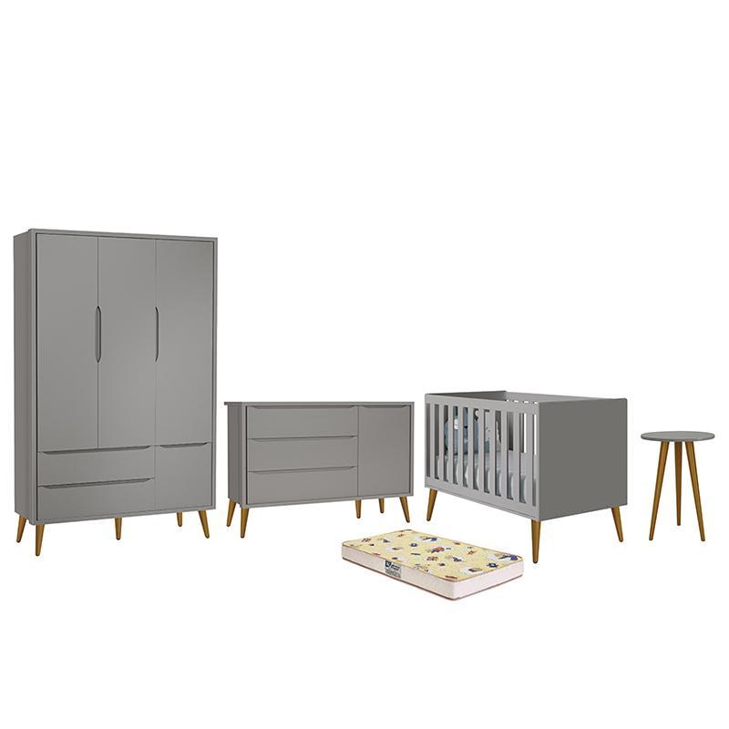 Dormitório Infantil Theo Retrô 3 Portas, Cômoda 1 Porta, Berço, Mesa de Apoio Cinza Fosco com Pés Amadeirado e Colchão D18 - Reller Móveis