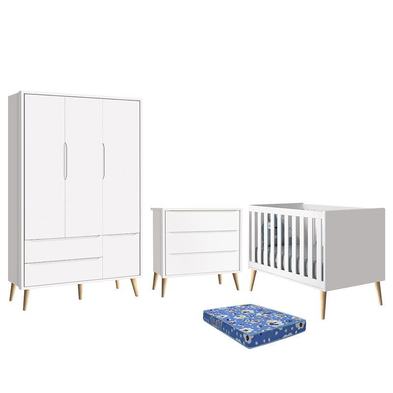 Dormitório Infantil Theo Retrô 3 Portas, Cômoda, Berço Branco Fosco com Pés Madeira Natural e Colchão - Reller Móveis