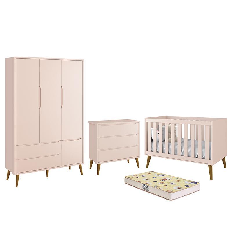 Dormitório Infantil Theo Retrô 3 Portas, Cômoda, Berço Rosa Fosco com Pés Amadeirado e Colchão D18 - Reller Móveis