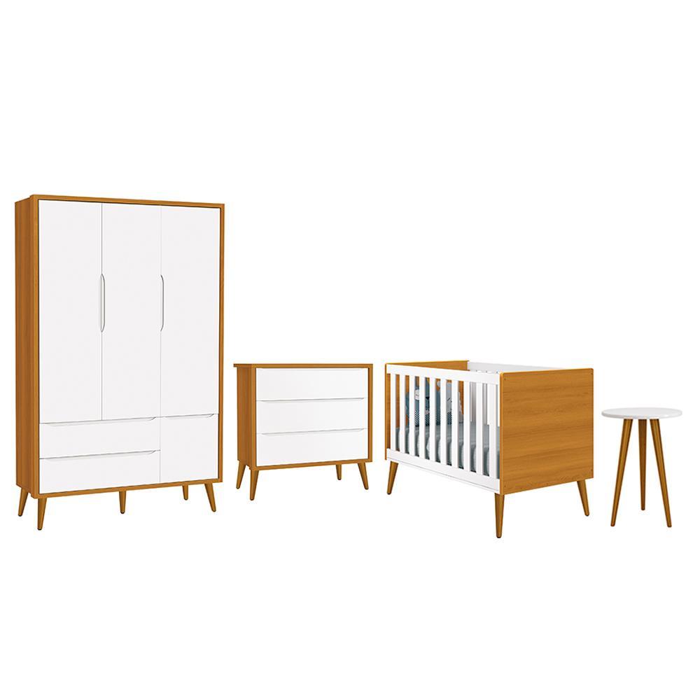 Dormitório Infantil Theo Retrô 3 Portas, Cômoda, Berço e Mesa de Apoio Branco/Savana com Pés Amadeirado - Reller Móveis