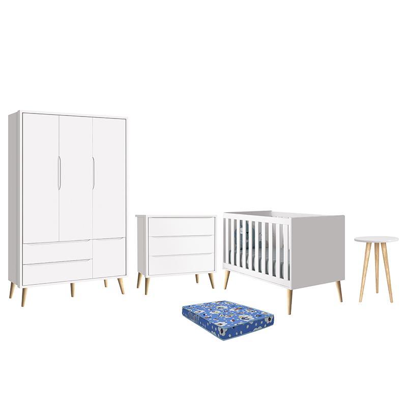 Dormitório Infantil Theo Retrô 3 Portas, Cômoda, Berço, Mesa de Apoio Branco Fosco com Pés Madeira Natural e Colchão - Reller Móveis