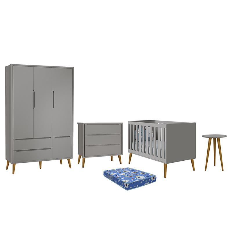 Dormitório Infantil Theo Retrô 3 Portas, Cômoda, Berço, Mesa de Apoio Cinza Fosco com Pés Amadeirado e Colchão - Reller Móveis