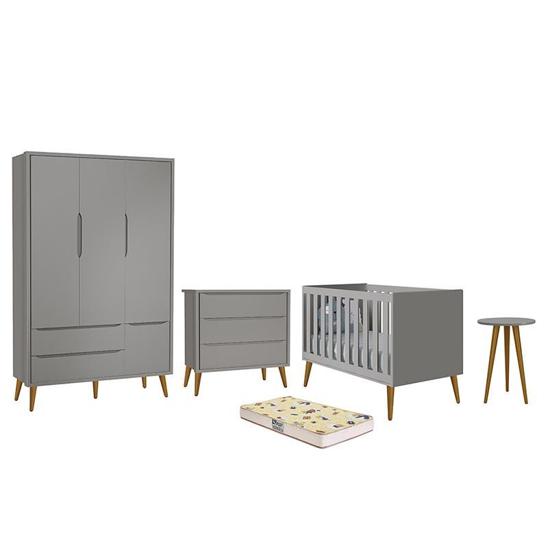 Dormitório Infantil Theo Retrô 3 Portas, Cômoda, Berço, Mesa de Apoio Cinza Fosco com Pés Amadeirado e Colchão D18 - Reller Móveis