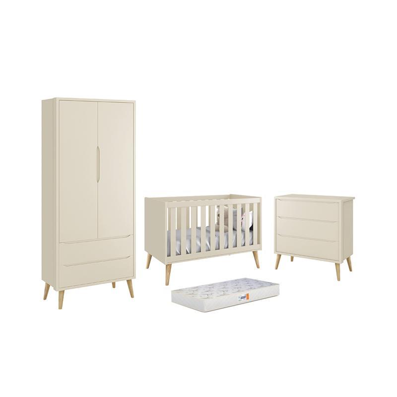 Dormitório Theo 2 Portas Areia Fosco com Pés Madeira Natural e Colchão D18 Branco - Reller Móveis
