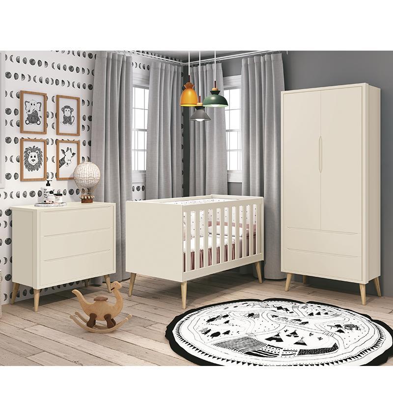 Dormitório Theo 2 Portas Areia Fosco com Pés Madeira Natural e Colchão D18 Branco - Reller Móveis