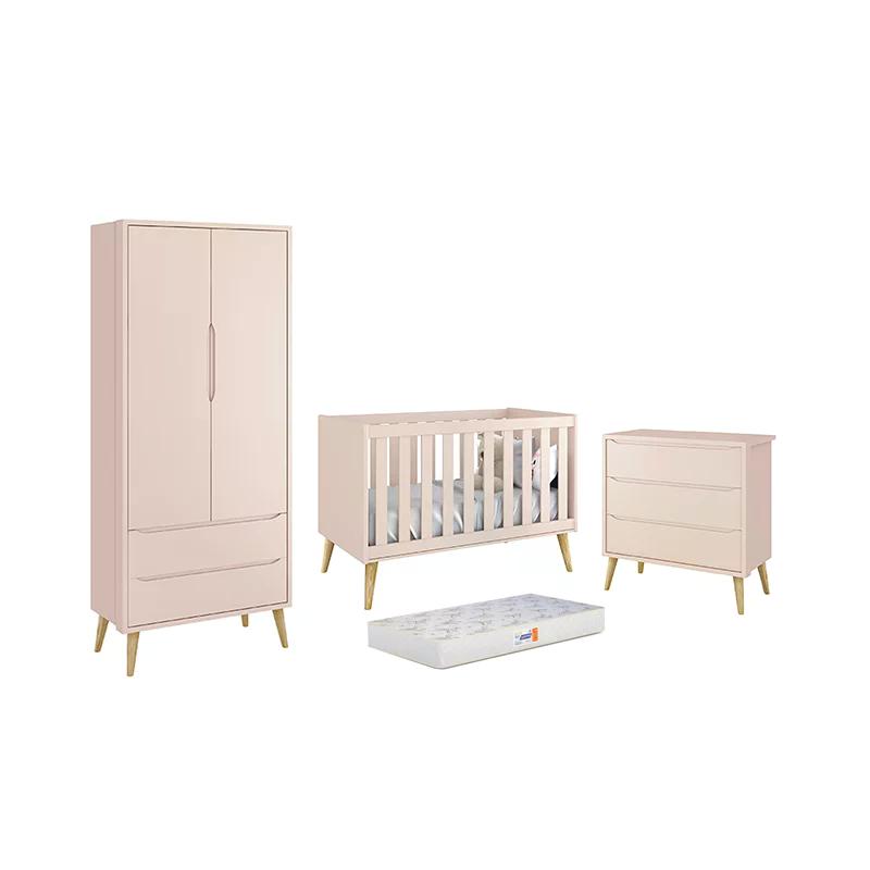 Dormitório Theo 2 Portas Rosa com Pés Madeira Natural e Colchão D18 Branco - Reller Móveis