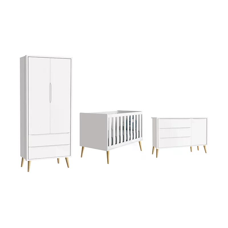 Dormitório Theo 2 Portas e Cômoda 1 Porta Branco com Pés Madeira Natural - Reller Móveis