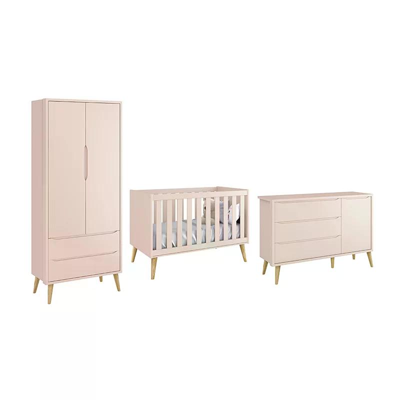 Dormitório Theo 2 Portas e Cômoda 1 Porta Rosa com Pés Madeira Natural - Reller Móveis