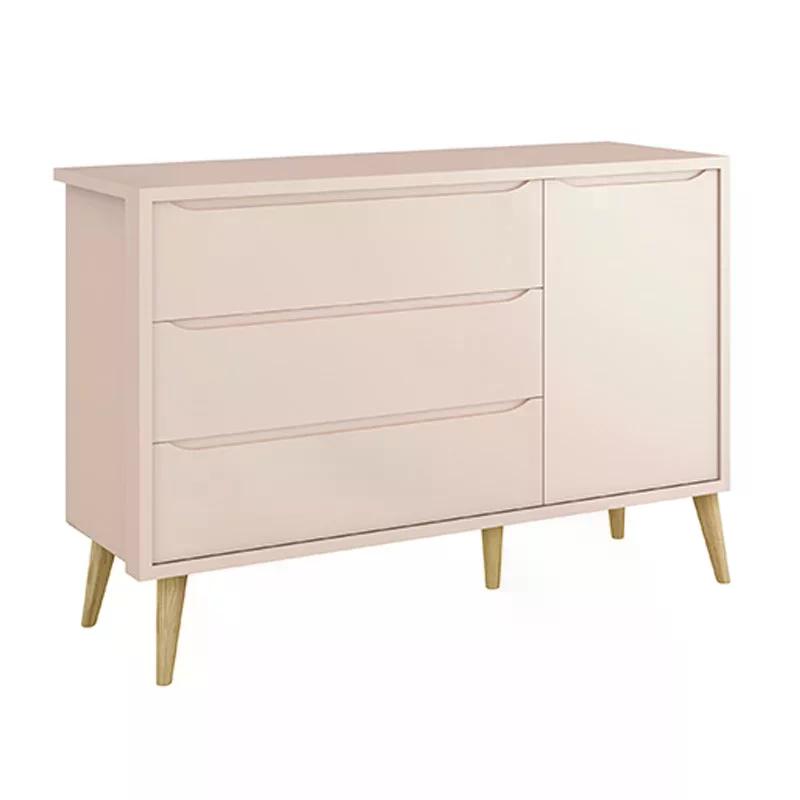 Dormitório Theo 2 Portas e Cômoda 1 Porta Rosa com Pés Madeira Natural - Reller Móveis