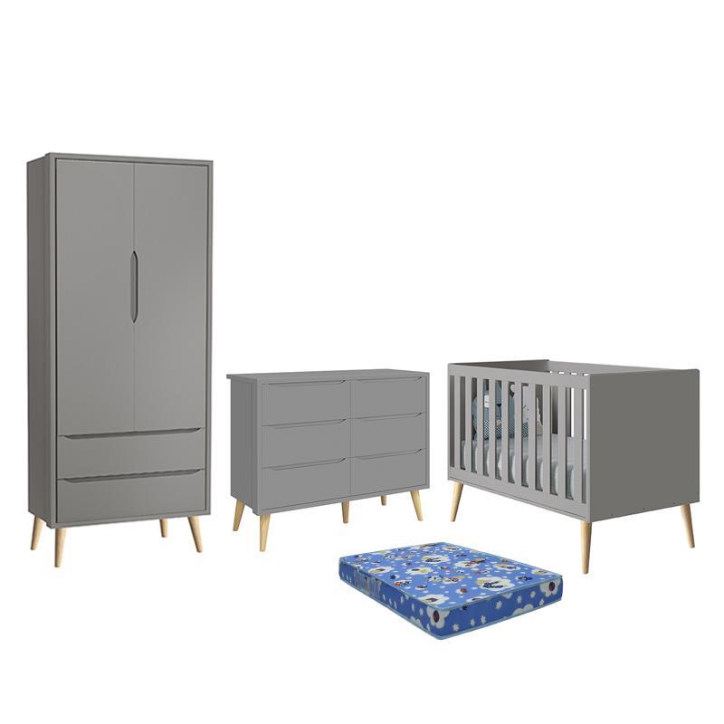 Dormitório Theo 2 Portas, Cômoda 6 Gavetas, Berço Cinza Fosco com Pés Madeira Natural e Colchão - Reller Móveis 