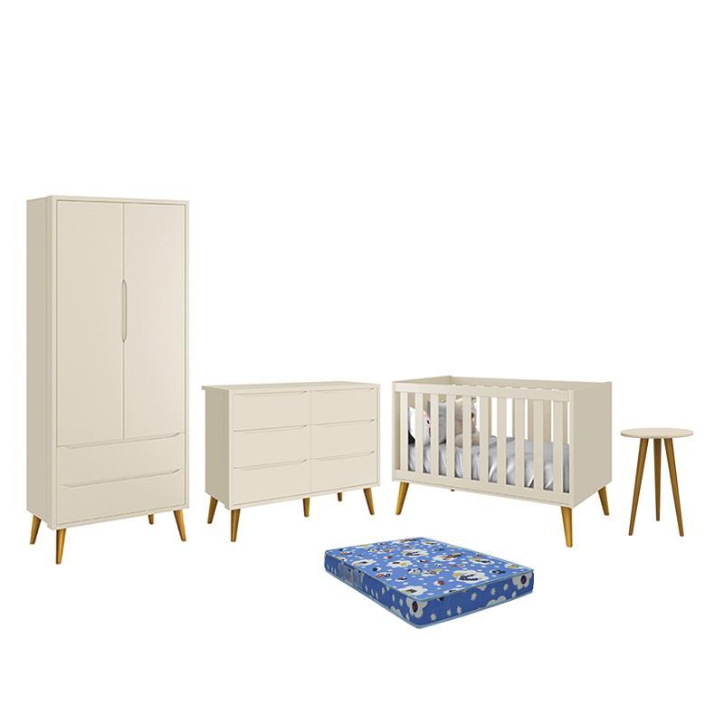 Dormitório Theo 2 Portas, Cômoda 6 Gavetas, Berço, Mesa de Canto Areia Fosco com Pés Amadeirado e Colchão - Reller Móveis
