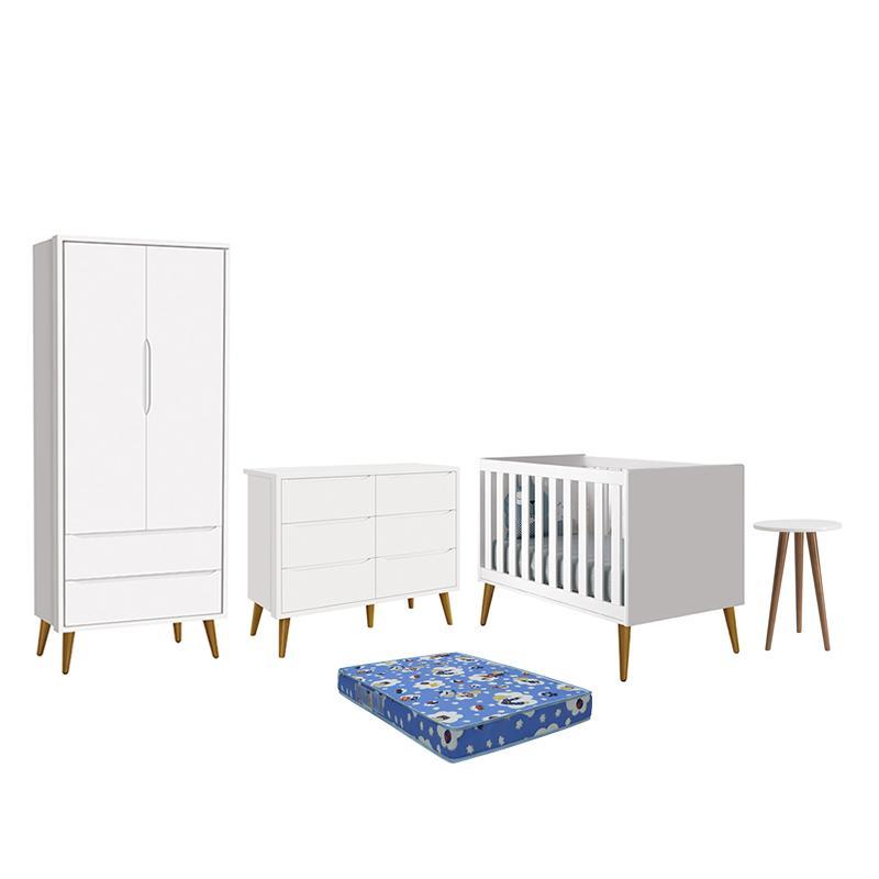 Dormitório Theo 2 Portas, Cômoda 6 Gavetas, Berço, Mesa de Canto Branco Fosco com Pés Amadeirado e Colchão - Reller Móveis