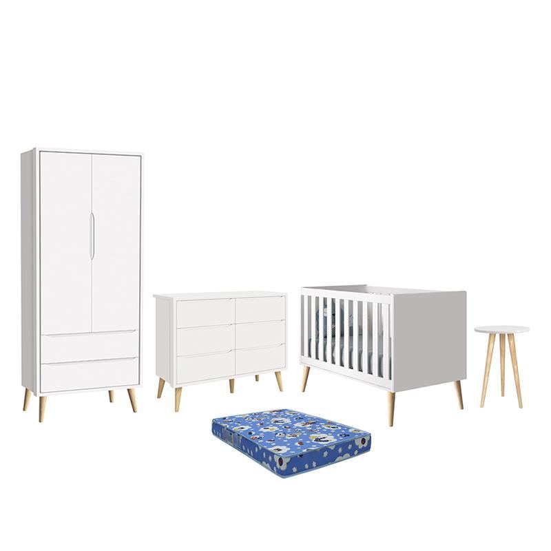 Dormitório Theo 2 Portas, Cômoda 6 Gavetas, Berço, Mesa de Canto Branco Fosco com Pés Madeira Natural e Colchão - Reller Móveis 