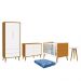 Dormitório Theo 2 Portas, Cômoda 6 Gavetas, Berço, Mesa de Canto Branco/Savana com Pés Amadeirado e Colchão - Reller Móveis