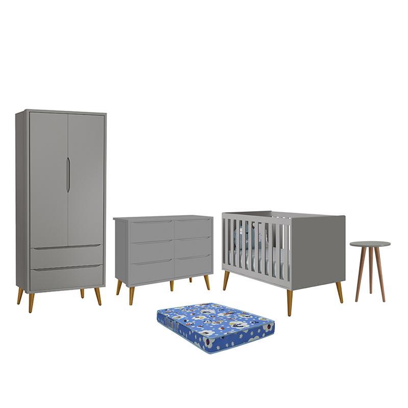 Dormitório Theo 2 Portas, Cômoda 6 Gavetas, Berço, Mesa de Canto Cinza Fosco com Pés Amadeirado e Colchão - Reller Móveis