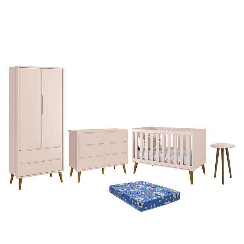 Dormitório Theo 2 Portas, Cômoda 6 Gavetas, Berço, Mesa de Canto Rosa Fosco com Pés Amadeirado e Colchão - Reller Móveis