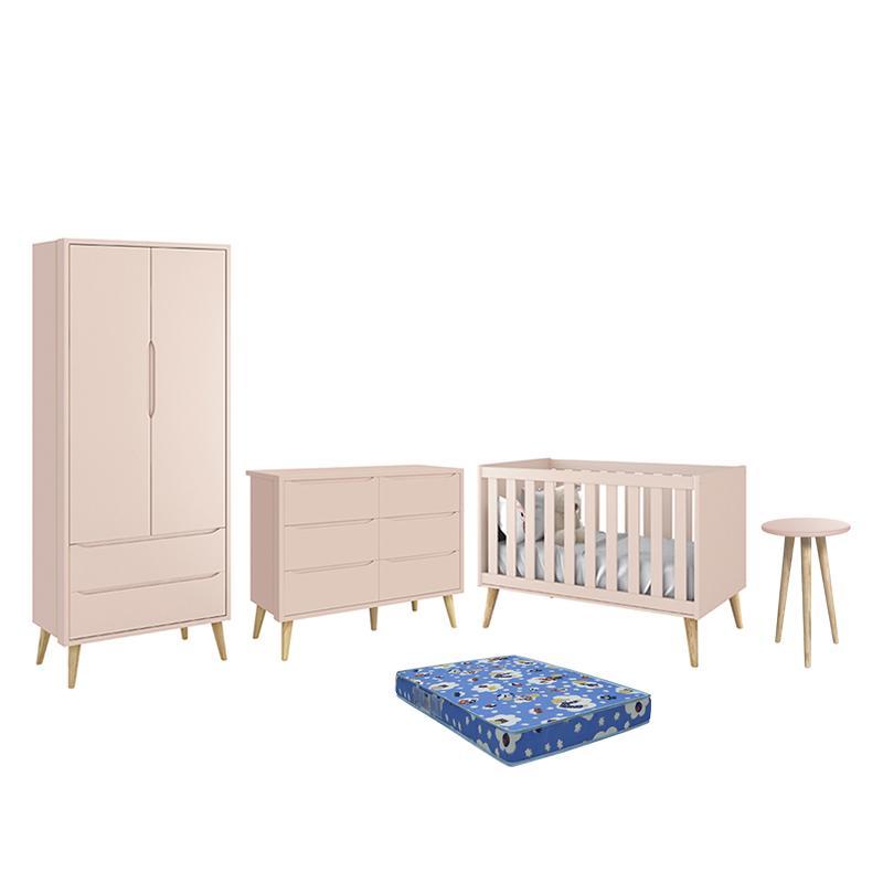 Dormitório Theo 2 Portas, Cômoda 6 Gavetas, Berço, Mesa de Canto Rosa Fosco com Pés Madeira Natural e Colchão - Reller Móveis 
