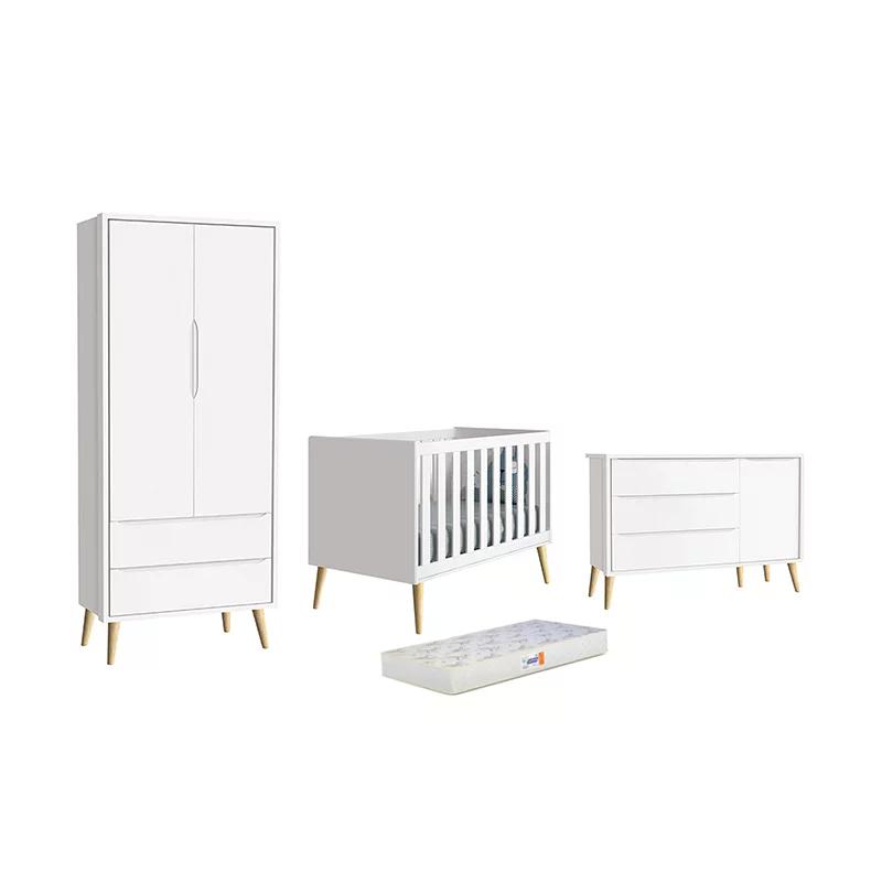 Dormitório Theo 2 Portas, Cômoda com Porta Branco com Pés Madeira Natural e Colchão D18 - Reller Móveis