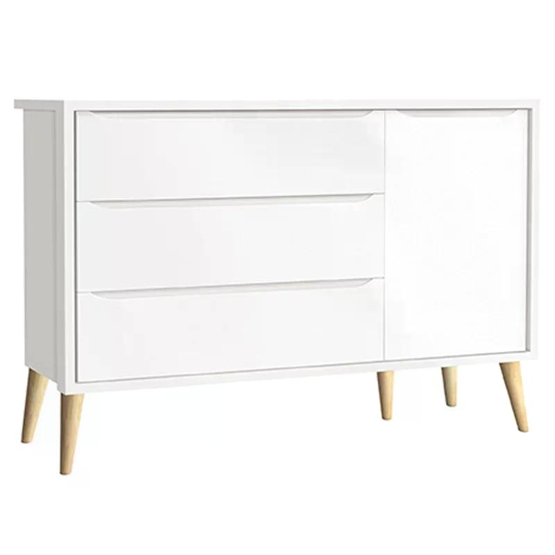 Dormitório Theo 2 Portas, Cômoda com Porta Branco com Pés Madeira Natural e Colchão D18 - Reller Móveis