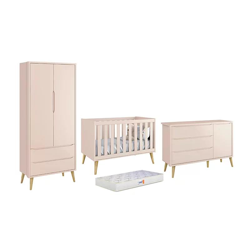 Dormitório Theo 2 Portas, Cômoda com Porta Rosa com Pés Madeira Natural e Colchão D18 - Reller Móveis