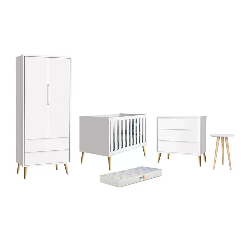 Dormitório Theo 2 Portas, Mesa de Canto Branco com Pés Madeira Natural e Colchão D18 - Reller Móveis