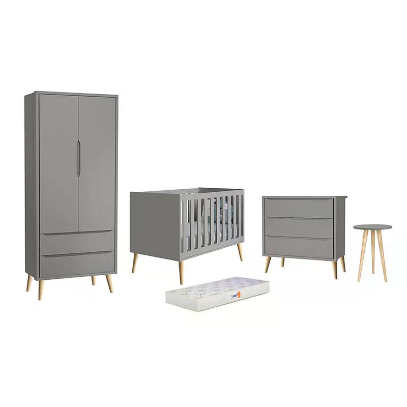Dormitório Theo 2 Portas, Mesa de Canto Cinza com Pés Madeira Natural e Colchão D18 - Reller Móveis