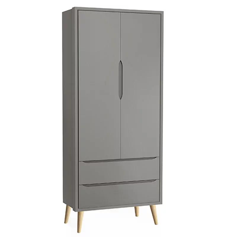 Dormitório Theo 2 Portas, Mesa de Canto Cinza com Pés Madeira Natural e Colchão D18 - Reller Móveis