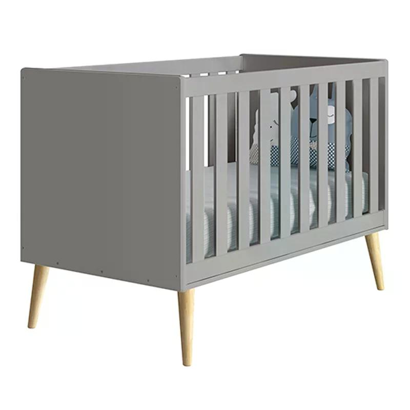 Dormitório Theo 2 Portas, Mesa de Canto Cinza com Pés Madeira Natural e Colchão D18 - Reller Móveis