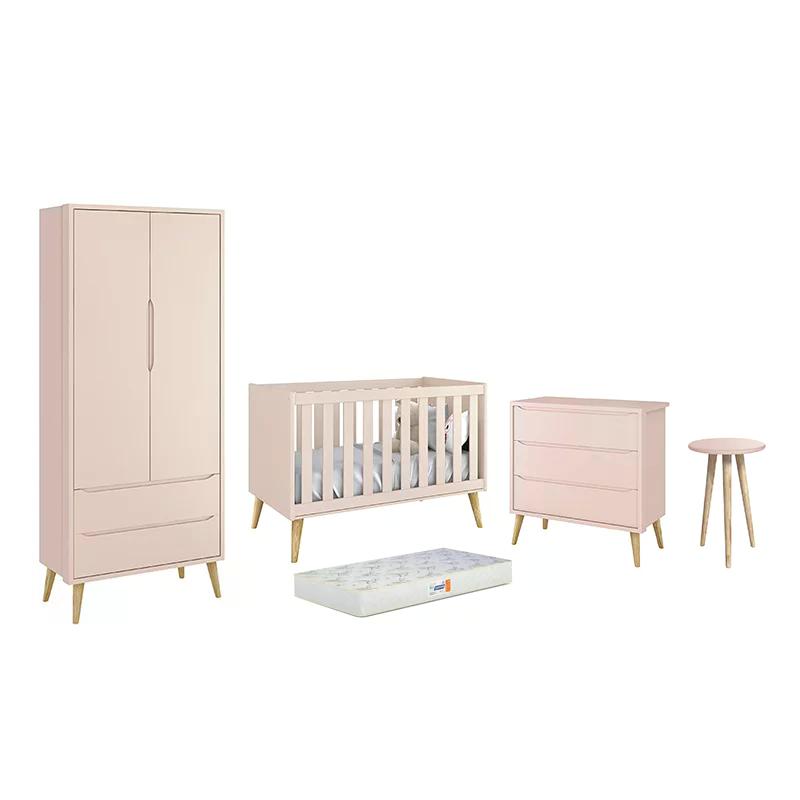 Dormitório Theo 2 Portas, Mesa de Canto Rosa com Pés Madeira Natural e Colchão D18 - Reller Móveis