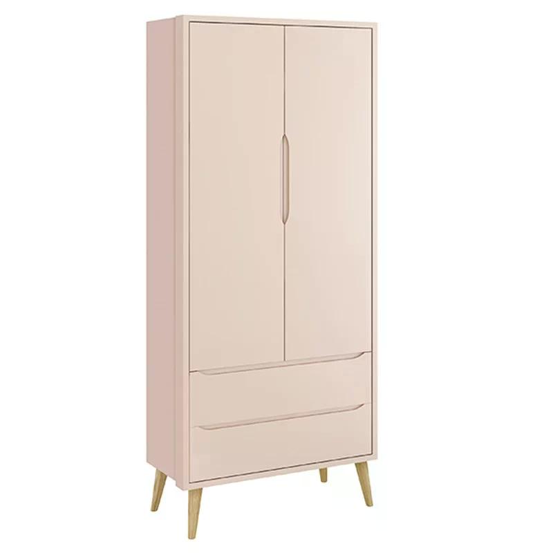 Dormitório Theo 2 Portas, Mesa de Canto Rosa com Pés Madeira Natural e Colchão D18 - Reller Móveis