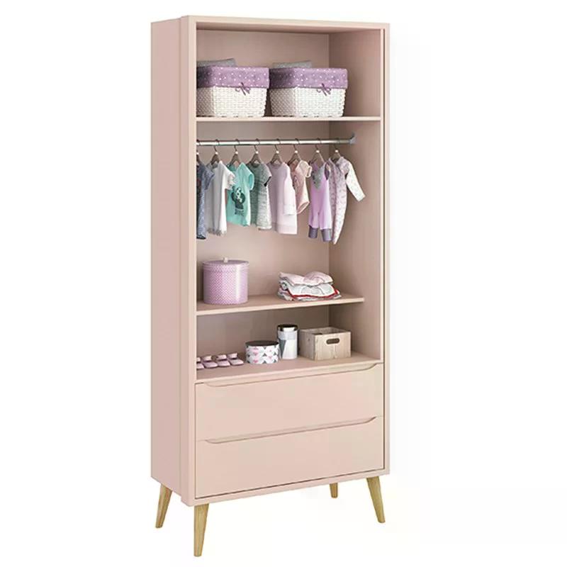 Dormitório Theo 2 Portas, Mesa de Canto Rosa com Pés Madeira Natural e Colchão D18 - Reller Móveis