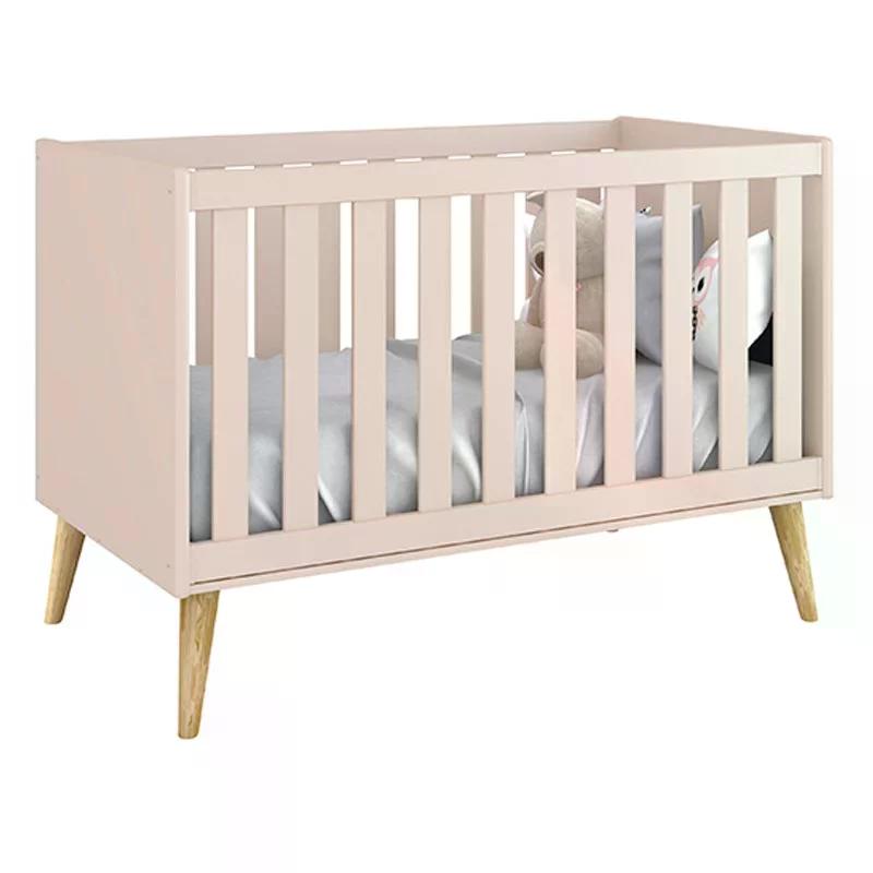 Dormitório Theo 2 Portas, Mesa de Canto Rosa com Pés Madeira Natural e Colchão D18 - Reller Móveis