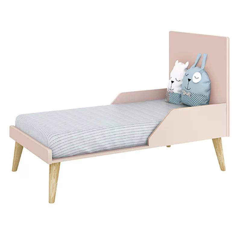 Dormitório Theo 2 Portas, Mesa de Canto Rosa com Pés Madeira Natural e Colchão D18 - Reller Móveis