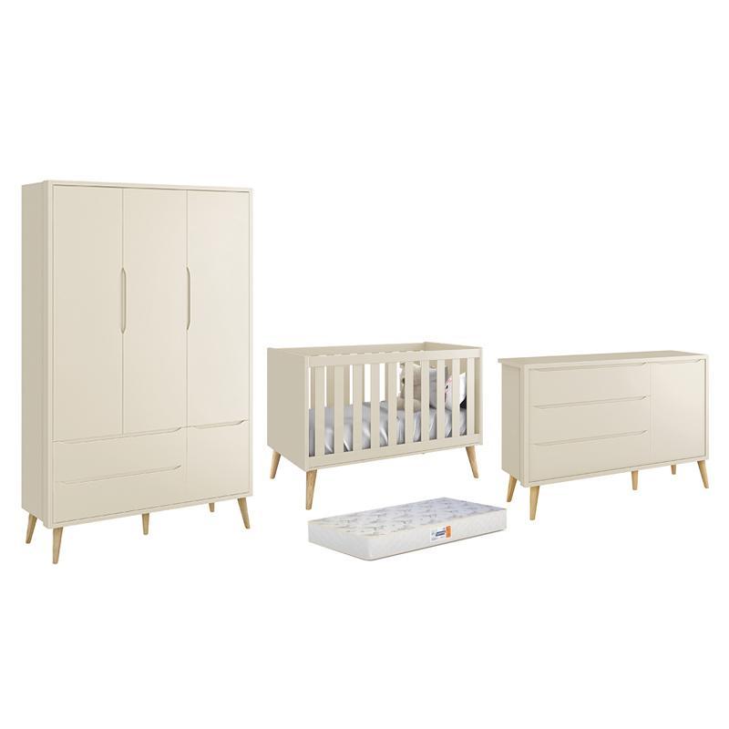 Dormitório Theo 3 Portas Areia Fosco com Pés Madeira Natural e Colchão D18 Branco - Reller Móveis