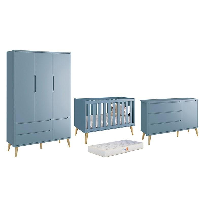 Dormitório Theo 3 Portas Azul com Pés Madeira Natural e Colchão D18 Branco - Reller Móveis