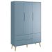 Dormitório Theo 3 Portas Azul com Pés Madeira Natural e Colchão D18 Branco - Reller Móveis