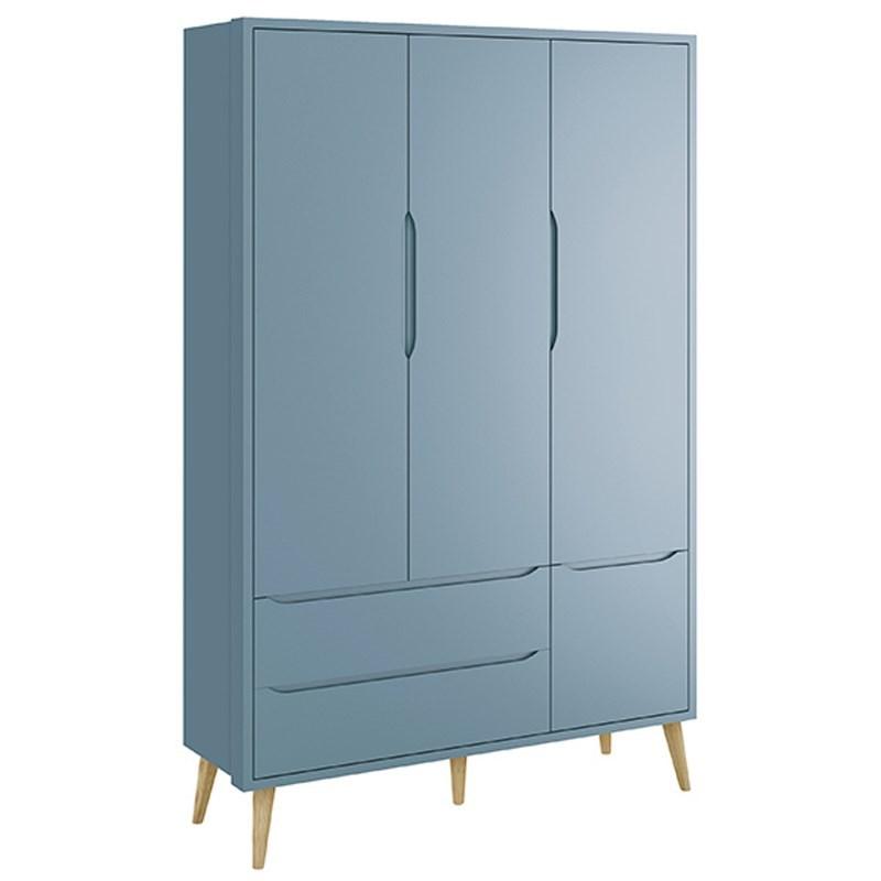 Dormitório Theo 3 Portas Azul com Pés Madeira Natural e Colchão D18 Branco - Reller Móveis