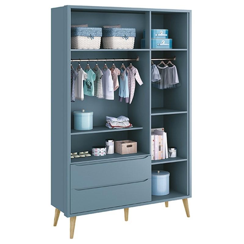 Dormitório Theo 3 Portas Azul com Pés Madeira Natural e Colchão D18 Branco - Reller Móveis