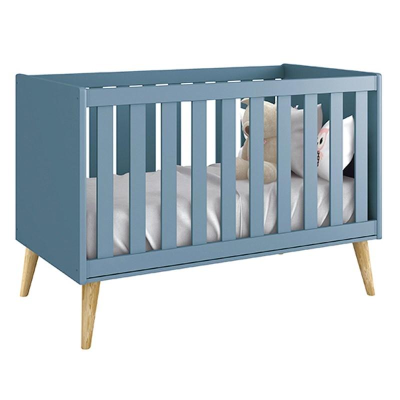 Dormitório Theo 3 Portas Azul com Pés Madeira Natural e Colchão D18 Branco - Reller Móveis