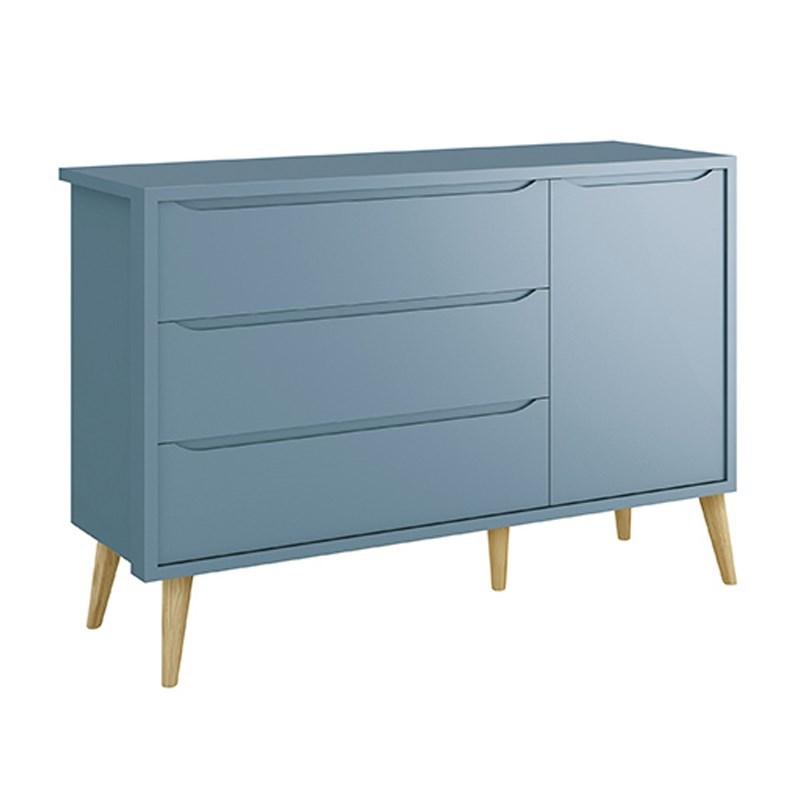 Dormitório Theo 3 Portas Azul com Pés Madeira Natural e Colchão D18 Branco - Reller Móveis